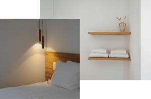 Dettaglio di una camera del B&B Villa Patria con letto, arredi in legno e biancheria bianca.